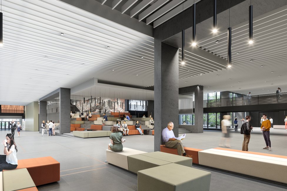 Rendering eines Innenraums. Hohe Decken und viele Sitzelemente prägen den Raum.