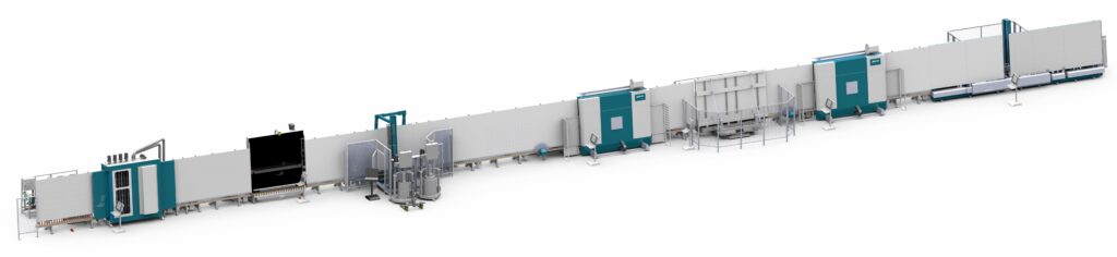 Die neu entwickelte TPS®-Produktionslinie minimiert die Belastung des dünnen Mittelglases und reduziert das Bruchrisiko. © Glaston Germany GmbH 