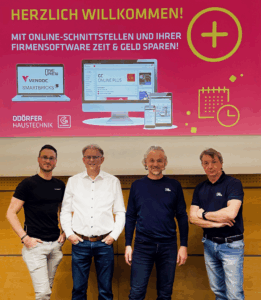 Gemeinsam im Einsatz, um die Installateurpartner*innen digital zu unterstützen: Daniel Hiebaum, Smartbricks, Johannes Kainz, Seminarleiter und Digital-Coach GC-GRUPPE ÖSTERREICH, Leopold Lasselsberger, Prakom/OneQrew, und Manfred Richter, Juprowa/OneQrew (v.l.n.r.) © GC-GRUPPE ÖSTERREICH