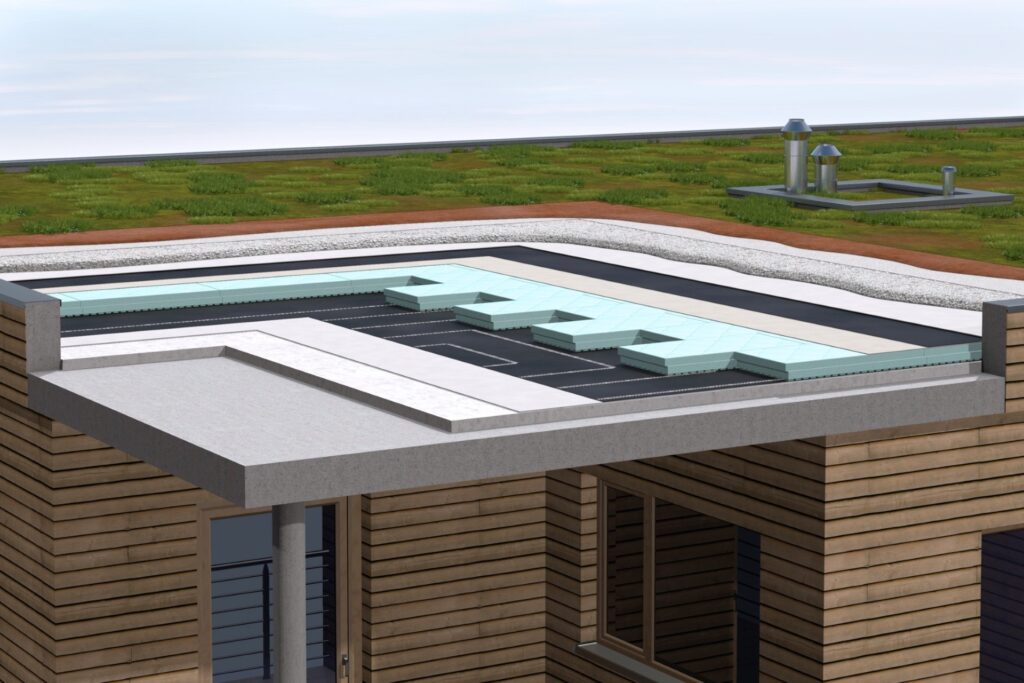 "steinodur WDO-E", die druckfeste Dämmplatte von Steinbacher, eignet sich perfekt für den Einsatz am genutzten Dach. Dank ihrer einseitigen Strukturierung ermöglicht sie im Schadenfall und im Fall eines Wassereintritts eine rasche Trocknung. © Steinbacher