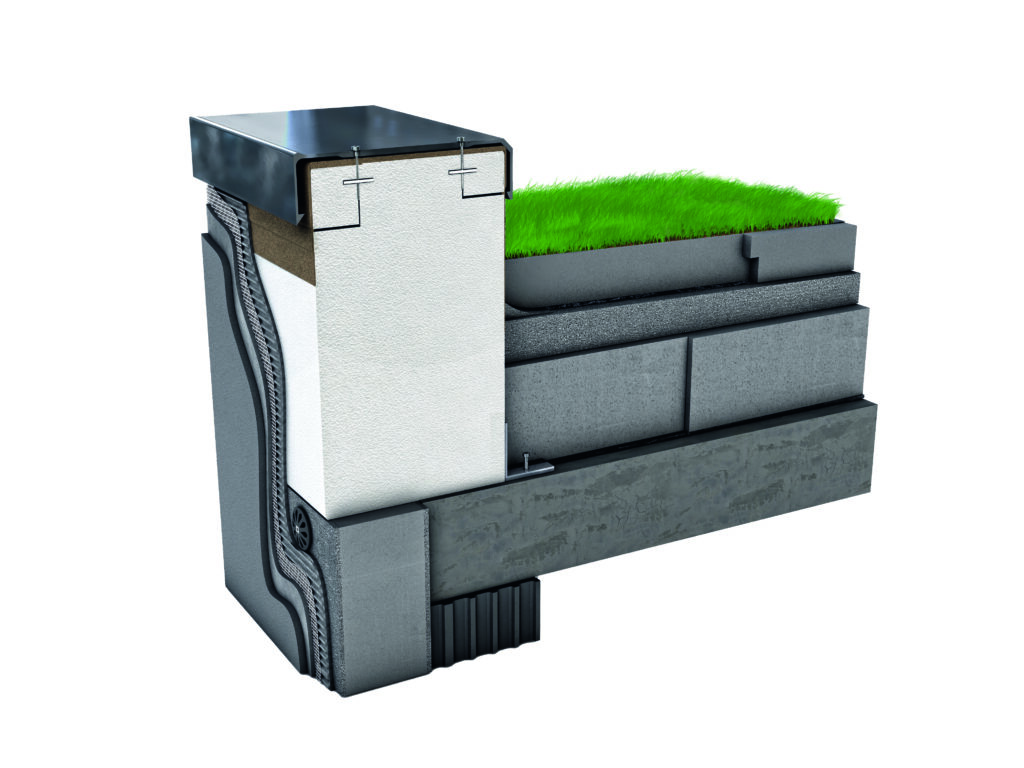 Das "Austrotherm Attikaelement" ergänzt das Austrotherm Dämmsystem für Gründächer. Das Leichtgewicht ermöglicht die einfache und sichere Ausführung von wärmebrückenfreien Dachrandkonstruktionen. © Austrotherm