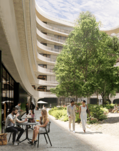 Der begrünte Innenhof von The Verse wird mit 2.700 Quadratmetern zu einem lebendigen Treffpunkt im Münchner Bahnhofsviertel. Cafés und Restaurants beleben die Arkaden und schaffen neue Aufenthaltsqualität.© Herzog & de Meuron