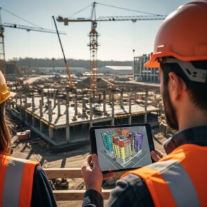 Ein KI-generiertes Bild zeigt zwei Baustellenmitarbeiter am Bau in orangenen Westen.