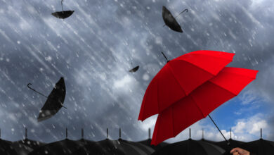 Regenschirme im Starkregen © NirutiStock iStock Getty Images Plus