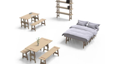 Das multifunktionale Möbel Barbereti von Designerin Insa Decker kann eine Bank, ein Bett, ein Regal oder ein Tisch sein. Es besteht aus jeweils vier Modulen die unterschiedlich aufgebaut werden können. © Insa Decker